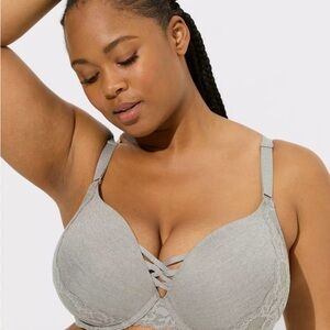 torrid Light Gray XO Boost Plunge Lace-Trim Bra with Front Crisscross.  42C